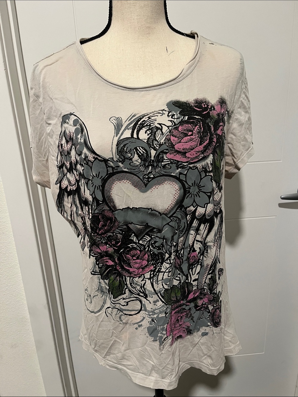 Y2K Floral Heart Wing Graphic T-Shirt 2000’s Emo Casual